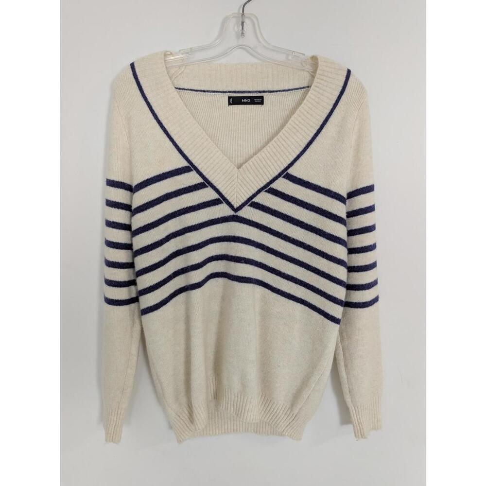 MNG Women's V-neck Sweater Size XS Navy Blue Cream Striped Old Money Wool